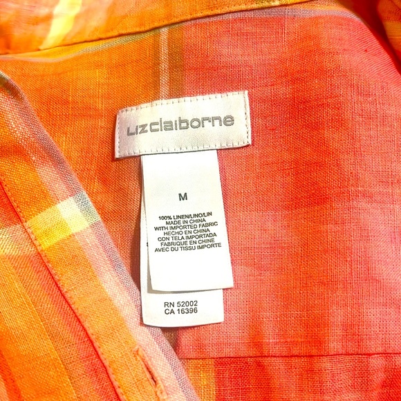 Liz Claiborne 100% linen White and Orange Plaid Button-Down Shirt - Picture 6 of 6
